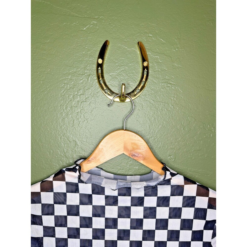 Black & white checkered women's sheer mock neck long sleeve crop top - Picture 2 of 6